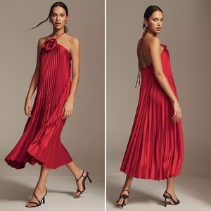 Delfi Collective Giselle Satin Pleated Midi Dress Red Large